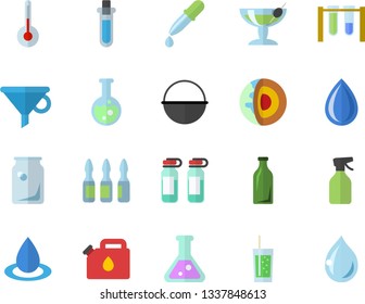 Color flat icon set cauldron flat vector, temperature, soda, pulverizer, drop, canister, glass bottles, funnel, pipette, ampoule, flask, beakers, core of the earth fector, cocktail