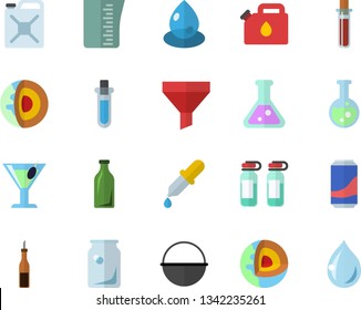 Color flat icon set cauldron flat vector, meashuring cup, sauce, lemonade, cocktail, drop, canister, glass bottles, funnel, pipette, blood test, ampoule, flask, beakers, core of the earth fector