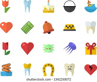 Color flat icon set cauldron flat vector, cake, horseshoe, tulip, present, heart, virus, caries, dental crowns, surfing fector, aquapark, inflatable mattress, taxi, jellyfish, bell
