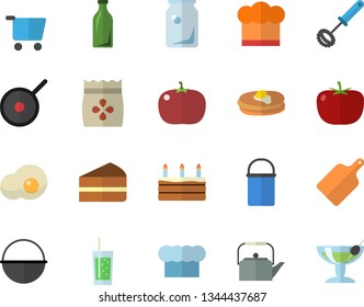Color flat icon set cauldron flat vector, hiking pot, teflon, teapot, cook hat, whisk, cutting board, tomato, pancakes, piece of cake, soda, scrambled eggs, seeds, glass bottles, grocery trolley