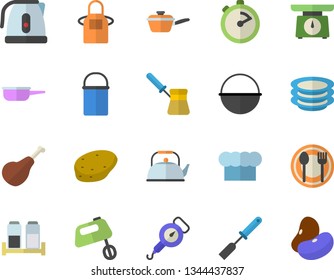 Color flat icon set cauldron flat vector, hiking pot, saute, weighing machine, teapot, electric kettle, spring balance, cook hat, apron, kitchen spatula, stopwatch, turk, mixer, spice, table setting