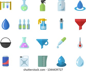 Color flat icon set cauldron flat vector, meashuring cup, temperature, lemonade, pulverizer, drop, canister, glass bottles, funnel, pipette, ampoule, flask, beakers