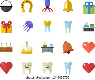 Color flat icon set cauldron flat vector, cake, horseshoe, present, heart, virus, tooth, caries, dental crowns, office worker, jellyfish  , bell