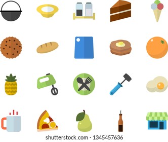 Color flat icon set cauldron flat vector, cake, meat hammer, cutting board, mixer, spice, sauce, bread, pizza, dish, ice cream, tea, scrambled eggs, pineapple, pear, orange, pancakes, biscuit, shop