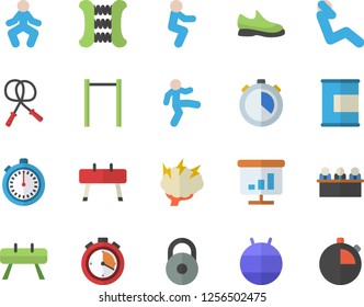 Color flat icon set chart flat vector, meeting, brainstorm, weight, sneakers, stopwatch, skipping rope, carpal expander, parallel bars, sports equipment horse, fitball, gymnastics, squats, proteins