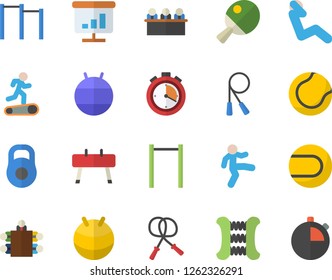 Color flat icon set chart flat vector, meeting, weight, stopwatch, skipping rope, carpal expander, parallel bars, sports equipment horse, tennis ball, fitball, Treadmill, gymnastics, swing press