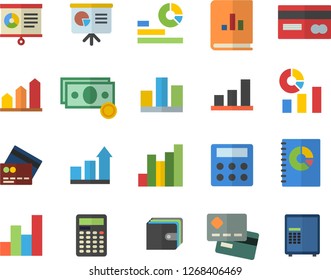 Color flat icon set chart flat vector, cash, credit card, purse, statistics, book balance accounting, statistic, calculator, presentaition board, achievement, fector, safe
