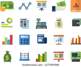 Color flat icon set chart flat vector, cash, investments, purse, wealth, statistics, scatter, news, book balance accounting, machine, statistic, abacus, calculator, presentaition board