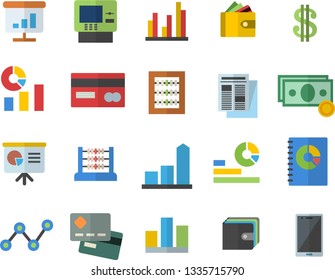 Color flat icon set chart flat vector, cash, credit card, dollar, purse, statistics, scatter, news, book balance accounting, statistic, abacus, presentaition board, dispenser fector, mobile