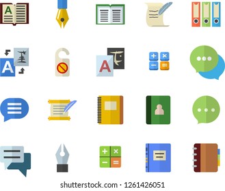 Color flat icon set chat flat vector, calculator, ink pen, hostory roll, textbook, notebook, folders for papers, do not disturb fector, translate, book
