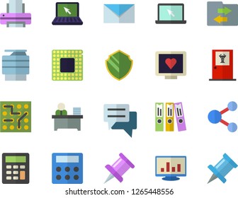 Color flat icon set chat flat vector, computer diagnostics of health, drawing pin, chart, calculator, folder, office worker, printer, copy machine, laptop, mail, cpu, electronic circuit, security