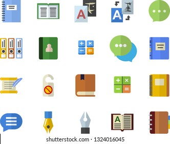 Color flat icon set chat flat vector, calculator, ink pen, hostory roll, textbook, notebook, folders for papers, do not disturb fector, translate, book