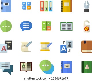 Color flat icon set chat flat vector, calculator, ink pen, hostory roll, textbook, notebook, folders for papers, do not disturb fector, translate, book
