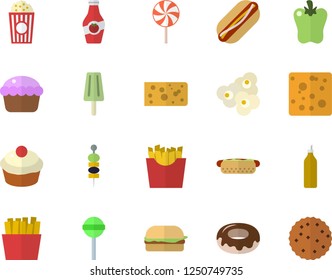Color flat icon set cheese flat vector, hamburger, hot dog, cupcake, donut, lollipop, bell pepper, French fries, popcorn, ice cream, canape, mustard, ketchup, biscuit