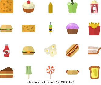 Color flat icon set cheese flat vector, hamburger, hot dog, cupcake, piece of cake, lollipop, bell pepper, French fries, popcorn, ice cream, canape, mustard, ketchup, sandwich
