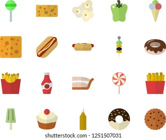 Color flat icon set cheese flat vector, hot dog, cupcake, piece of cake, donut, lollipop, bell pepper, French fries, popcorn, ice cream, canape, mustard, ketchup, biscuit