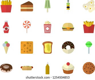 Color flat icon set cheese flat vector, hamburger, hot dog, cupcake, piece of cake, donut, lollipop, French fries, popcorn, ice cream, canape, mustard, ketchup, sandwich, biscuit