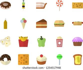 Color flat icon set cheese flat vector, hamburger, hot dog, cupcake, piece of cake, donut, lollipop, bell pepper, French fries, popcorn, ice cream, canape, mustard, sandwich