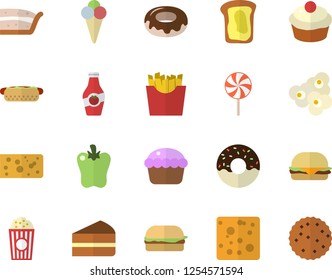 Color flat icon set cheese flat vector, hamburger, hot dog, cupcake, piece of cake, donut, lollipop, bell pepper, French fries, popcorn, ice cream, ketchup, sandwich, biscuit