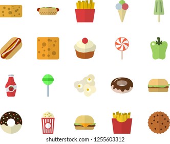 Color flat icon set cheese flat vector, hamburger, hot dog, cupcake, donut, lollipop, bell pepper, French fries, popcorn, ice cream, ketchup, biscuit