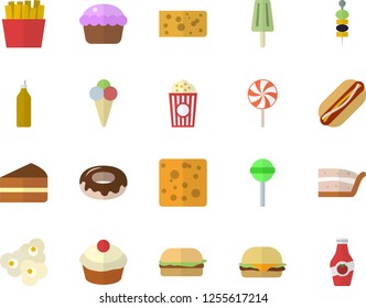 Color flat icon set cheese flat vector, hamburger, hot dog, cupcake, piece of cake, donut, lollipop, French fries, popcorn, ice cream, canape, mustard, ketchup