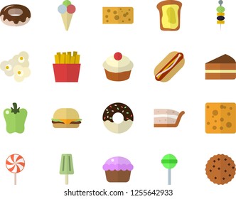 Color flat icon set cheese flat vector, hamburger, hot dog, cupcake, piece of cake, donut, lollipop, bell pepper, French fries, popcorn, ice cream, canape, sandwich, biscuit