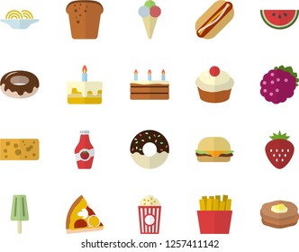 Color flat icon set cheese flat vector, bread, watermelon, spaghetti, hamburger, hot dog, pizza, cupcake, cake, donut, French fries, popcorn, ice cream, Strawberry, blackberry, ketchup, pancakes