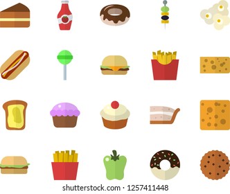Color flat icon set cheese flat vector, hamburger, hot dog, cupcake, piece of cake, donut, lollipop, bell pepper, French fries, popcorn, canape, ketchup, sandwich, biscuit
