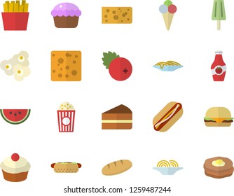 Color flat icon set cheese flat vector, bread, watermelon, spaghetti, hamburger, hot dog, cupcake, piece of cake, French fries, popcorn, ice cream, cranberry, ketchup, pancakes