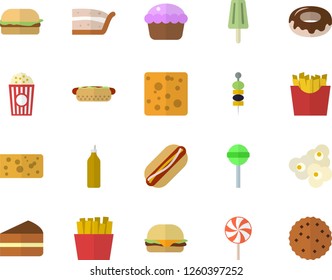 Color flat icon set cheese flat vector, hamburger, hot dog, cupcake, piece of cake, donut, lollipop, French fries, popcorn, ice cream, canape, mustard, biscuit