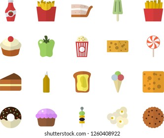 Color flat icon set cheese flat vector, cupcake, piece of cake, donut, lollipop, bell pepper, French fries, popcorn, ice cream, canape, mustard, ketchup, sandwich, biscuit