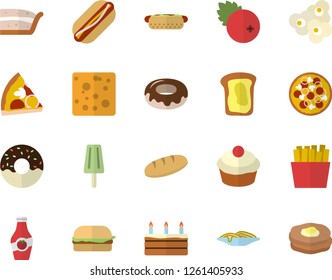 Color flat icon set cheese flat vector, bread, spaghetti, hamburger, hot dog, pizza, cupcake, piece of cake, donut, French fries, popcorn, ice cream, cranberry, ketchup, sandwich, pancakes