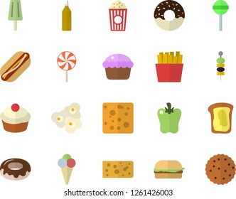Color flat icon set cheese flat vector, hamburger, hot dog, cupcake, donut, lollipop, bell pepper, French fries, popcorn, ice cream, canape, mustard, sandwich, biscuit