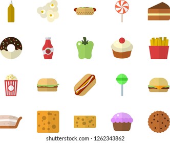 Color flat icon set cheese flat vector, hamburger, hot dog, cupcake, piece of cake, donut, lollipop, bell pepper, French fries, popcorn, mustard, ketchup, biscuit