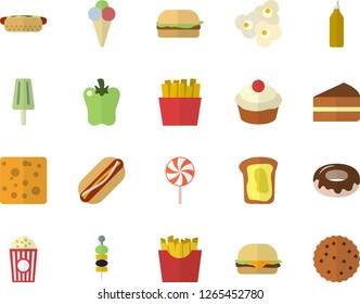 Color flat icon set cheese flat vector, hamburger, hot dog, cupcake, piece of cake, donut, lollipop, bell pepper, French fries, popcorn, ice cream, canape, mustard, sandwich, biscuit