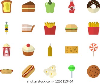 Color flat icon set cheese flat vector, hamburger, hot dog, cupcake, piece of cake, donut, lollipop, bell pepper, French fries, popcorn, canape, mustard, ketchup, sandwich, biscuit