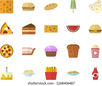 Color flat icon set cheese flat vector, bread, watermelon, spaghetti, hamburger, pizza, cupcake, piece of cake, French fries, popcorn, ice cream, ketchup