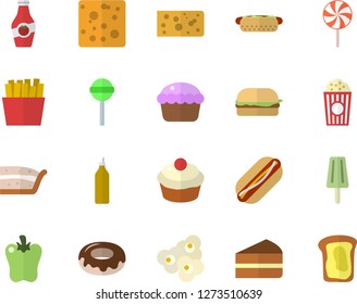 Color flat icon set cheese flat vector, hamburger, hot dog, cupcake, piece of cake, donut, lollipop, bell pepper, French fries, popcorn, ice cream, mustard, ketchup, sandwich