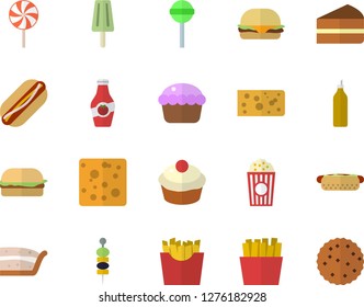 Color flat icon set cheese flat vector, hamburger, hot dog, cupcake, piece of cake, lollipop, French fries, popcorn, ice cream, canape, mustard, ketchup, biscuit