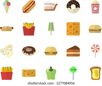 Color flat icon set cheese flat vector, hamburger, hot dog, piece of cake, donut, lollipop, bell pepper, French fries, popcorn, ice cream, sandwich