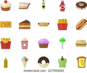 Color flat icon set cheese flat vector, hamburger, hot dog, cupcake, piece of cake, donut, lollipop, bell pepper, French fries, popcorn, ice cream, canape, mustard, ketchup, sandwich