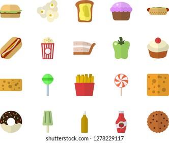Color flat icon set cheese flat vector, hamburger, hot dog, cupcake, piece of cake, donut, lollipop, bell pepper, French fries, popcorn, ice cream, mustard, ketchup, sandwich, biscuit