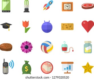 Color flat icon set cheese flat vector, chop, cutlet, flower, tulip, energy saving lamp, rocket, phone call, wealth, clock, blood transfusion, heart, medical analysis, embryo, chart, bachelor cap
