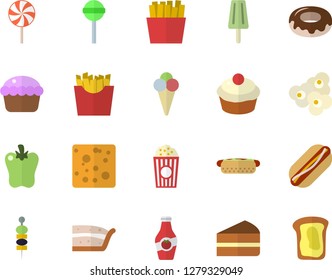 Color flat icon set cheese flat vector, hot dog, cupcake, piece of cake, donut, lollipop, bell pepper, French fries, popcorn, ice cream, canape, ketchup, sandwich