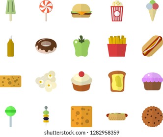 Color flat icon set cheese flat vector, hamburger, hot dog, cupcake, donut, lollipop, bell pepper, French fries, popcorn, ice cream, canape, mustard, sandwich, biscuit