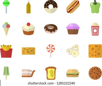 Color flat icon set cheese flat vector, hamburger, hot dog, cupcake, piece of cake, donut, lollipop, bell pepper, French fries, popcorn, ice cream, mustard, sandwich, biscuit