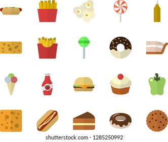 Color flat icon set cheese flat vector, hamburger, hot dog, cupcake, piece of cake, donut, lollipop, bell pepper, French fries, popcorn, ice cream, mustard, ketchup, biscuit