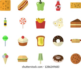 Color flat icon set cheese flat vector, hamburger, hot dog, cupcake, piece of cake, donut, lollipop, bell pepper, French fries, popcorn, ice cream, canape, ketchup, sandwich, biscuit