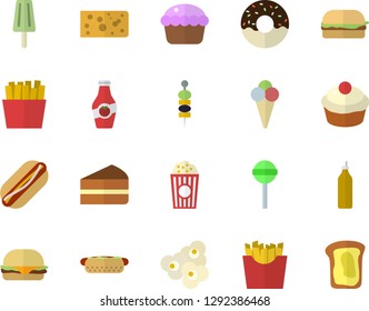 Color flat icon set cheese flat vector, hamburger, hot dog, cupcake, piece of cake, donut, lollipop, French fries, popcorn, ice cream, canape, mustard, ketchup, sandwich