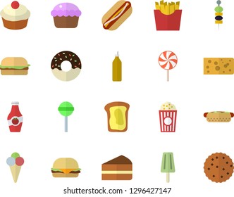 Color flat icon set cheese flat vector, hamburger, hot dog, cupcake, piece of cake, donut, lollipop, French fries, popcorn, ice cream, canape, mustard, ketchup, sandwich, biscuit